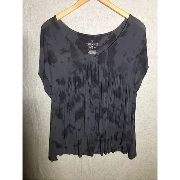 Womens American Eagle Blouse Soft and Sexy Dark Tie Dye Flowy Feminine V Neck - Picture 1 of 4